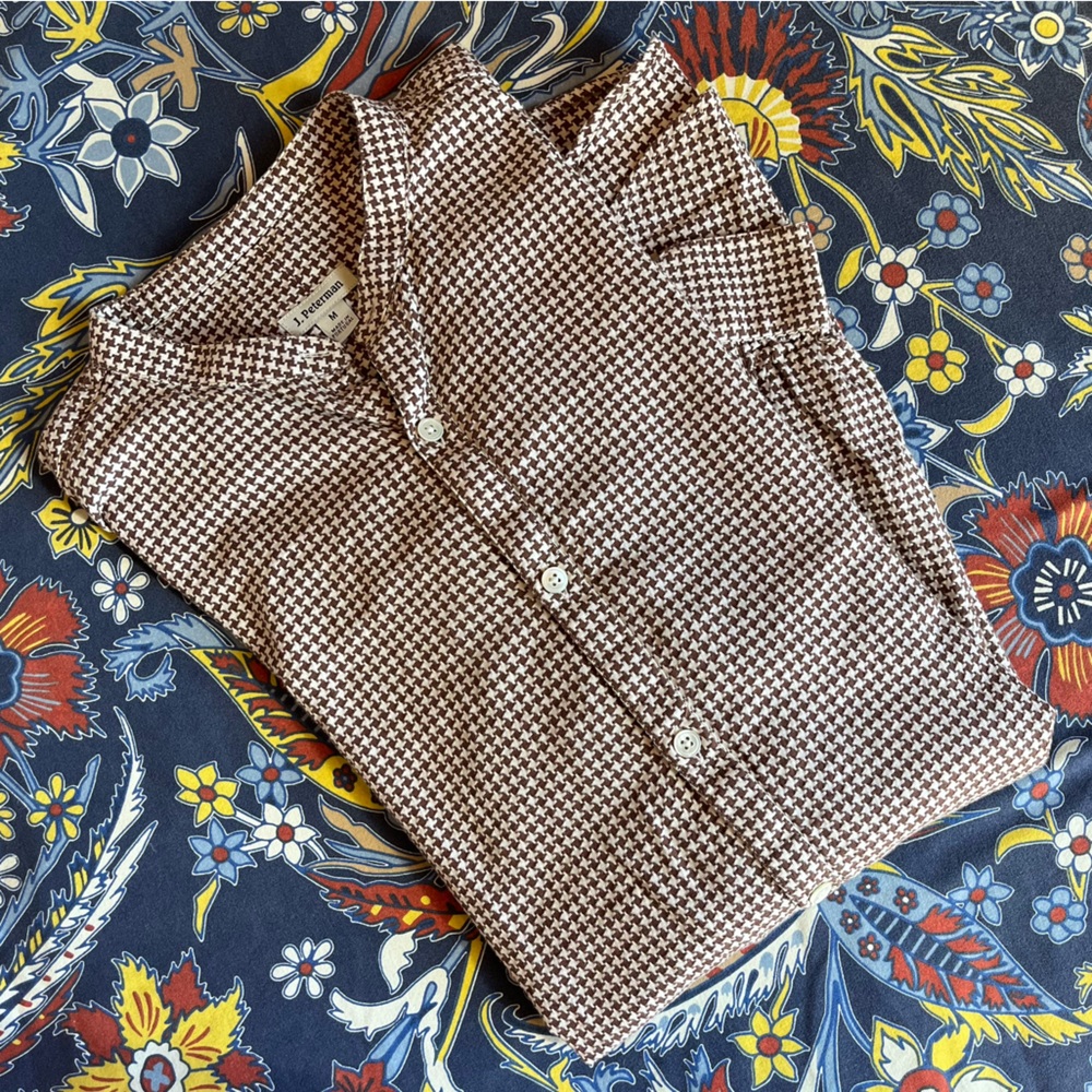 j. peterman long sleeve cotton jersey button down - brown houndstooth - medium